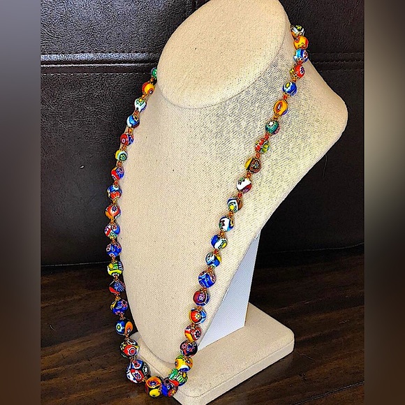 VINTAGE Graduated Millefiori Italian Hand Blown Glass Bead Necklace 24” - Picture 6 of 15